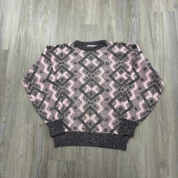 Vintage Ferruche Sweater Men's XL Pink Gray Geometric Knit Crewneck 90s Grandpa - Picture 1 of 6